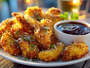 Delicious golden brown chicken nuggets are served with a flavorful dipping sauce on a white plate outdoors.