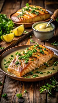 Grilled salmon fillet served with a zesty lemon butter sauce and garnished with fragrant fresh herbs in a rustic, earthy setting