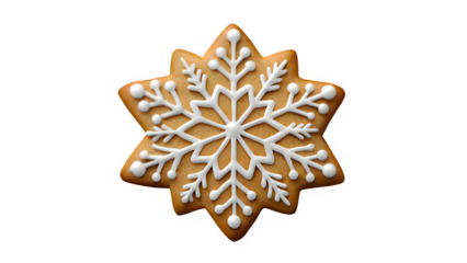 Gingerbread snowflake cookie isolated PNG on transparent background, Christmas holiday treat with white icing decoration.