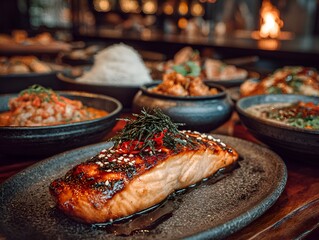 Delicious salmon fillet is beautifully plated with sesame seeds and dill, surrounded by other dishes.