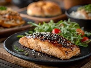 Seared salmon filet coated with sesame seeds is served alongside fresh greens on a rustic wooden surface.