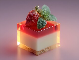 A delicious strawberry dessert layered with cream and gelatin rests on a crumbly base, garnished with mint.