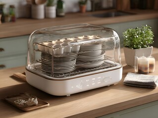 Modern dish dryer machine sits on a wooden countertop in a clean and organized kitchen setting indoors.