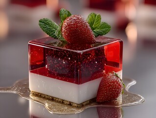 An elegantly plated dessert features a layered jelly cube with fresh strawberry and mint garnish on a dish.
