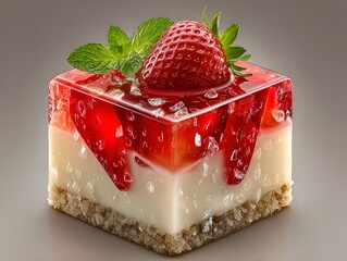 Delicious cube shaped strawberry dessert with creamy filling and mint garnish presented on a neutral backdrop.
