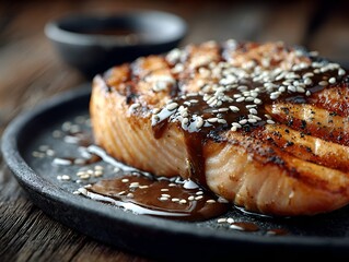A delicious grilled salmon fillet is drizzled with dark teriyaki sauce and sprinkled with sesame seeds here.