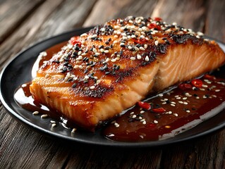 A delicious grilled salmon fillet glazed with sauce and sprinkled with sesame seeds served on dark plate.