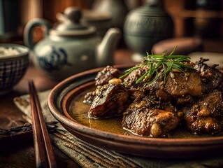 Delicious braised pork belly is served on a ceramic plate with rosemary and traditional teaware nearby.