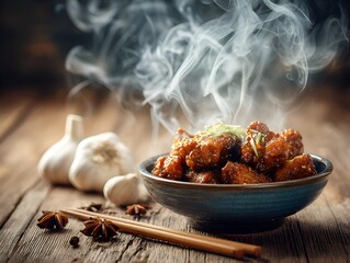 Steaming bowl of delicious Asian glazed chicken with garnish served on rustic wood near garlic bulbs.