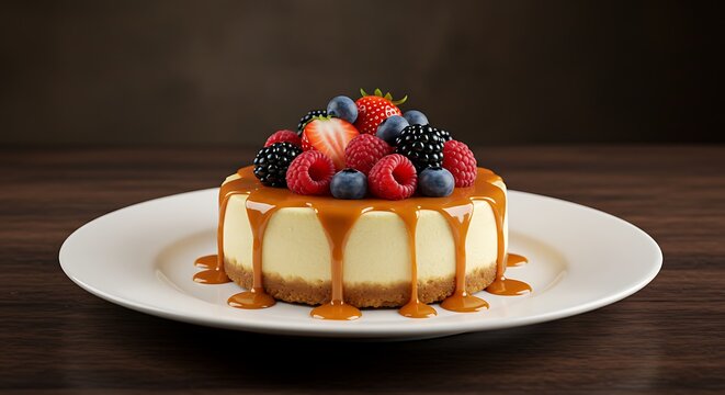 Cheesecake with Caramel and Berries dessert strawberry raspberry blueberry blackberry sweet food delicious pastry baked gourmet plate - Powered by Adobe
