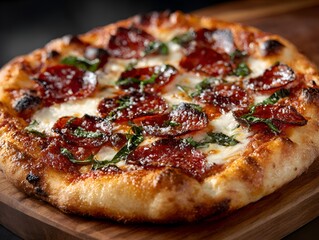 Delicious pepperoni pizza with fresh basil and melted mozzarella cheese on wooden board presented beautifully.