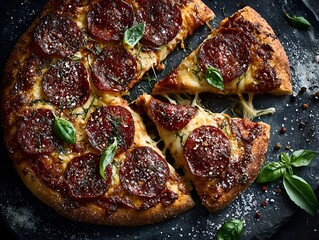 Freshly baked pepperoni pizza with melted cheese and basil on a dark surface, ready to be enjoyed now.