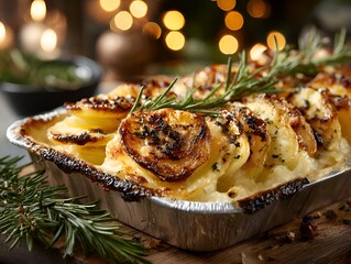 Holiday scalloped potatoes are served in an aluminum pan with rosemary garnish on a wooden cutting board.