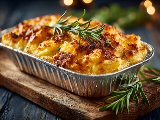 A golden brown shepherd's pie with rosemary garnish sits on a wooden board with festive bokeh lights behind.