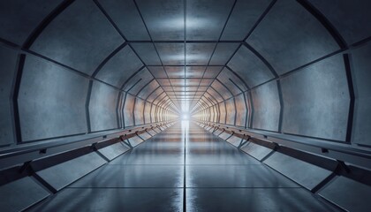 Futuristic metallic tunnel with light at the end.