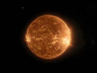 A blazing celestial body vividly displays intricate details of its fiery surface in the vast darkness of space.