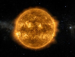 A radiant sun shines brilliantly against the dark expanse of space with countless stars as its backdrop.