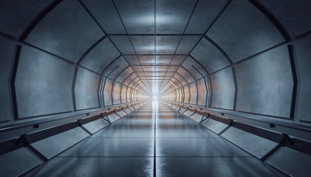 Futuristic metallic tunnel with light at the end.
