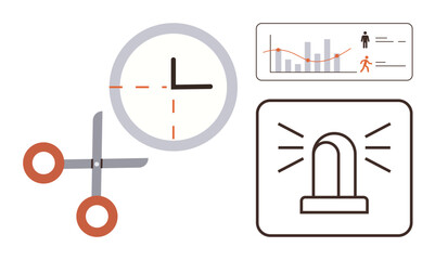 Scissors cutting a clock, performance data chart with graphs and figures, and an alarm light icon. Ideal for time optimization, urgency, productivity, scheduling, planning, analytics conceptual