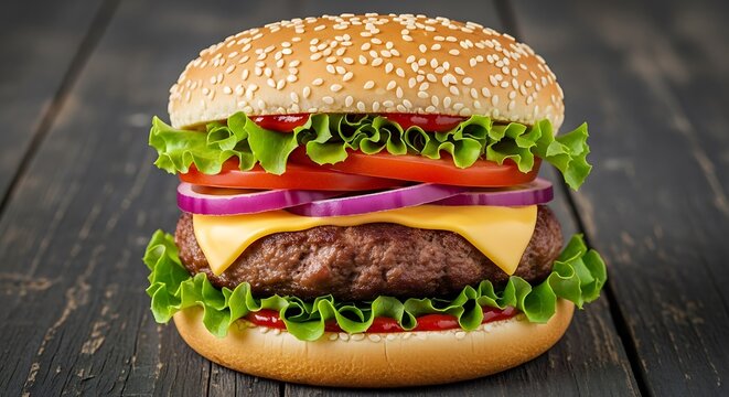 Delicious Cheeseburger on Wooden Table food sandwich lettuce tomato onion sesame bun beef meal fast food lunch dinner close-up