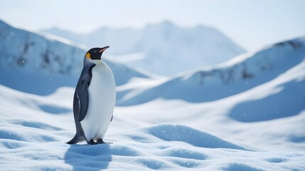 Fototapeta premium Penguin Looking Up Amid Falling Snowflakes
