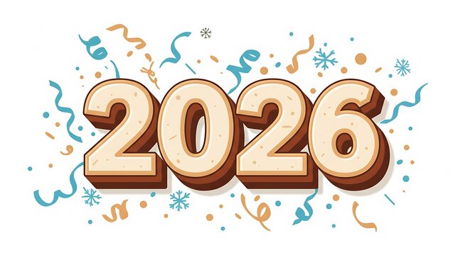 Happy New Year 2026 celebration holiday festive confetti snowflake number date future event greeting card design illustration party