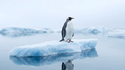 Fototapeta premium Penguin On Ice Ridge With Ocean Waves