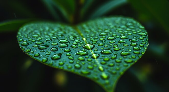 Leaf Covered in Raindrops water droplets nature green plant macro close-up botany foliage wet garden dew texture detail environment