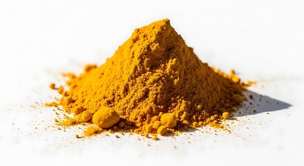 Pile of Turmeric Powder on White Background spice yellow ingredient cooking food healthy natural aromatic herb seasoning curcumin