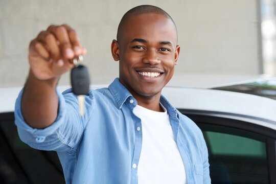 Happy african american man holding car keys new car purchase concept