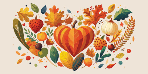 Heart-Shaped Autumn Wreath with Colorful Fall Leaves, Pumpkins, and Gourds