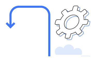 Downward flow arrow leading to gear symbol beside cloud graphic. Ideal for workflow, optimization, strategy, innovation, process management, automation, efficiency. Simple flat metaphor