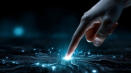 Human hand touching futuristic digital interface glowing in blue light, representing innovation, technology interaction, virtual communication, and advanced data connectivity.