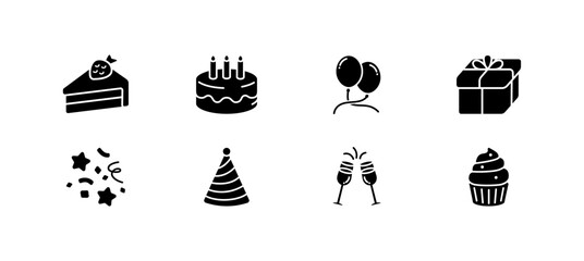 Party Glyph icon set, Balloon, gift box, confetti decoration element for Happy Birthday, New Year 2026, Christmas, Valentine or Anniversary celebration. Drinks and food, champagne, cupcake icons.