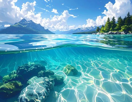 Half-underwater view of scenic alpine lake and snow-capped mountains