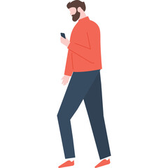 Man With Beard In Red Shirt And Blue Pants Walking While Looking At His Cell Phone With Transparent Background