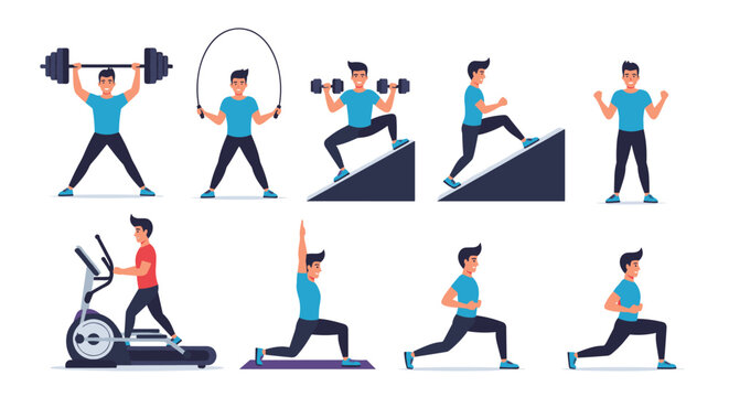 A collection of a man working out at the gym with various exercises like weightlifting running and doing lunges.