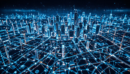 Abstract futuristic city skyline with glowing blue digital network overlay