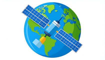 Fototapeta premium Flat vector illustration of a satellite orbiting Earth with simple shapes and bright