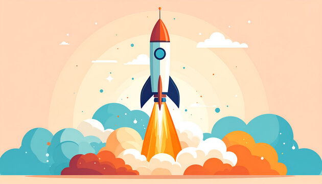 Flat vector illustration of a rocket launch with bold colors and clean shapes