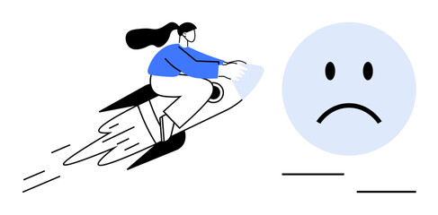 Progress concept. A woman riding a rocket ambition and speed while encountering a sad face challenges. Progress in innovation, overcoming obstacles, personal growth, career, or business development