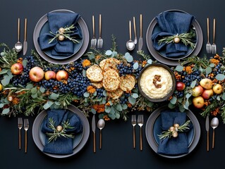 A beautifully set table for a festive meal, featuring place settings adorned with dark blue napkins and a centerpiece of fresh grapes, apples, and rosemary.