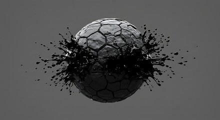 Black and white 3D render of a stylized soccer ball breaking apart, with liquid splash effect