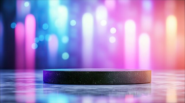 An empty, dark, circular stage platform sits on a reflective surface, illuminated by a vibrant, blurred background of colorful bokeh lights. - Powered by Adobe