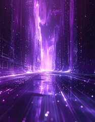 Intense, violet-hued tunnel of light with futuristic architectural details