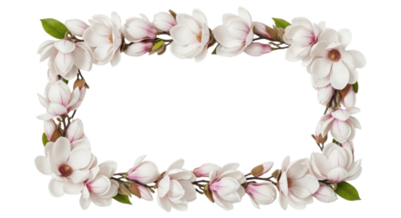 Isolated rectangular floral frame made of delicate white and pink Magnolia flowers isolated on Transparent Background