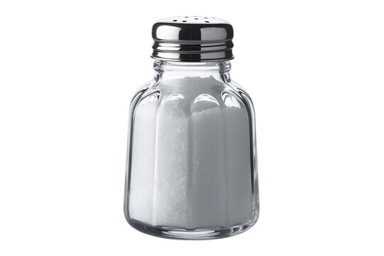 Glass salt shaker with white crystals isolated on transparent background