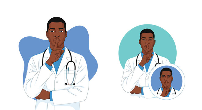 Black male doctor gesturing for silence with a finger on his lips representing medical privacy confidentiality or quiet in a hospital.