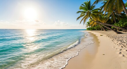 Idyllic Tropical Seascape with Bright Sun and Palm Trees.