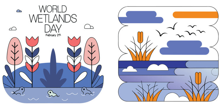 World Wetlands Day Illustration: An artistic portrayal commemorating World Wetlands Day, featuring a vibrant illustration of a wetland scene and the text World Wetlands Day. - Powered by Adobe